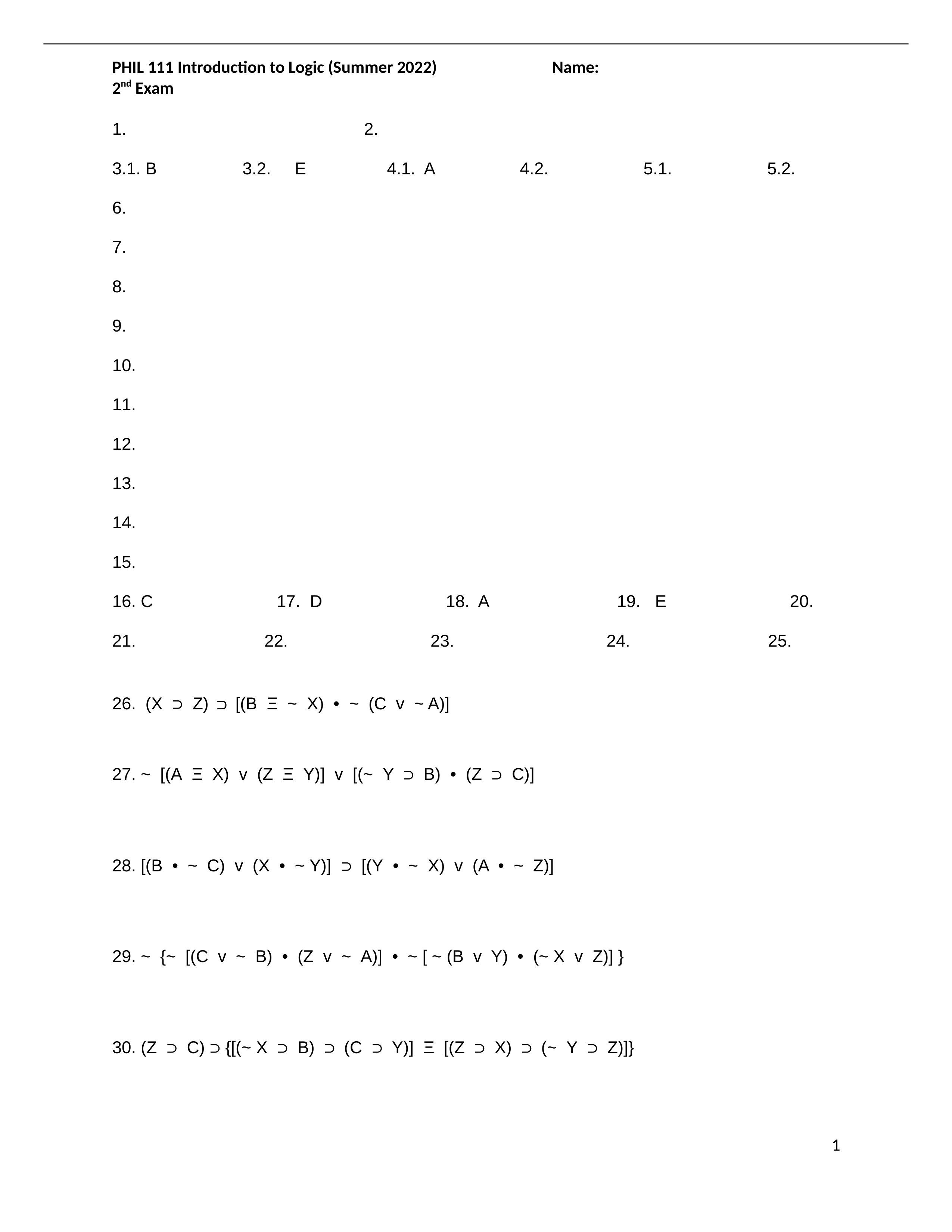 PHIL 111 - Answer Sheet for the 2nd Exam (Summer 2022).docx_dj7pdi492qq_page1