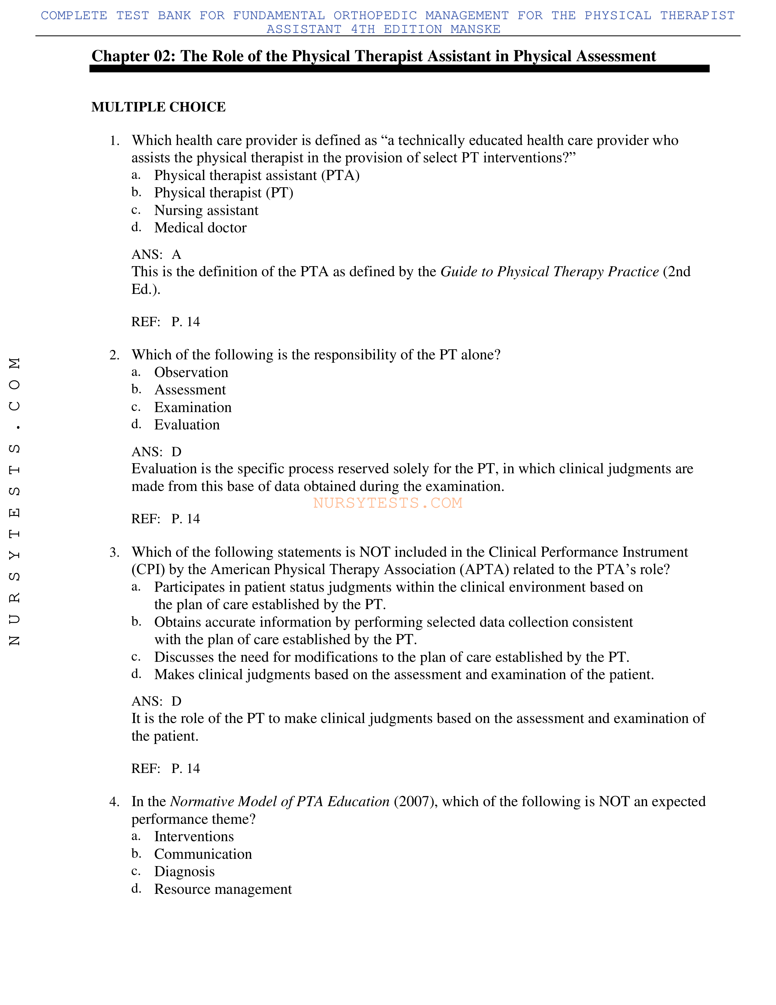 Test Bank Fundamental Orthopedic Management for the Physical Therapist Assistant 4th Edition Manske._djiyynoa3cb_page1