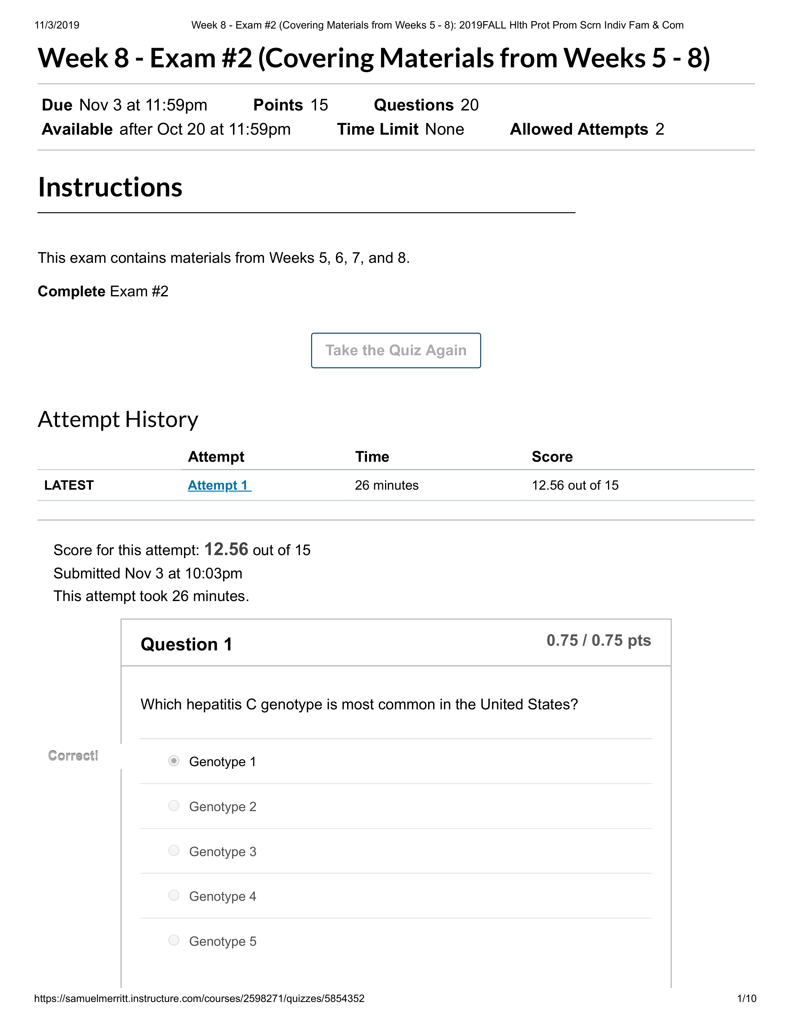 Week 8 - Exam #2 (Covering Materials from Weeks 5 - 8)_ 2019FALL Hlth Prot Prom Scrn Indiv Fam & Com_djkp9kosbty_page1