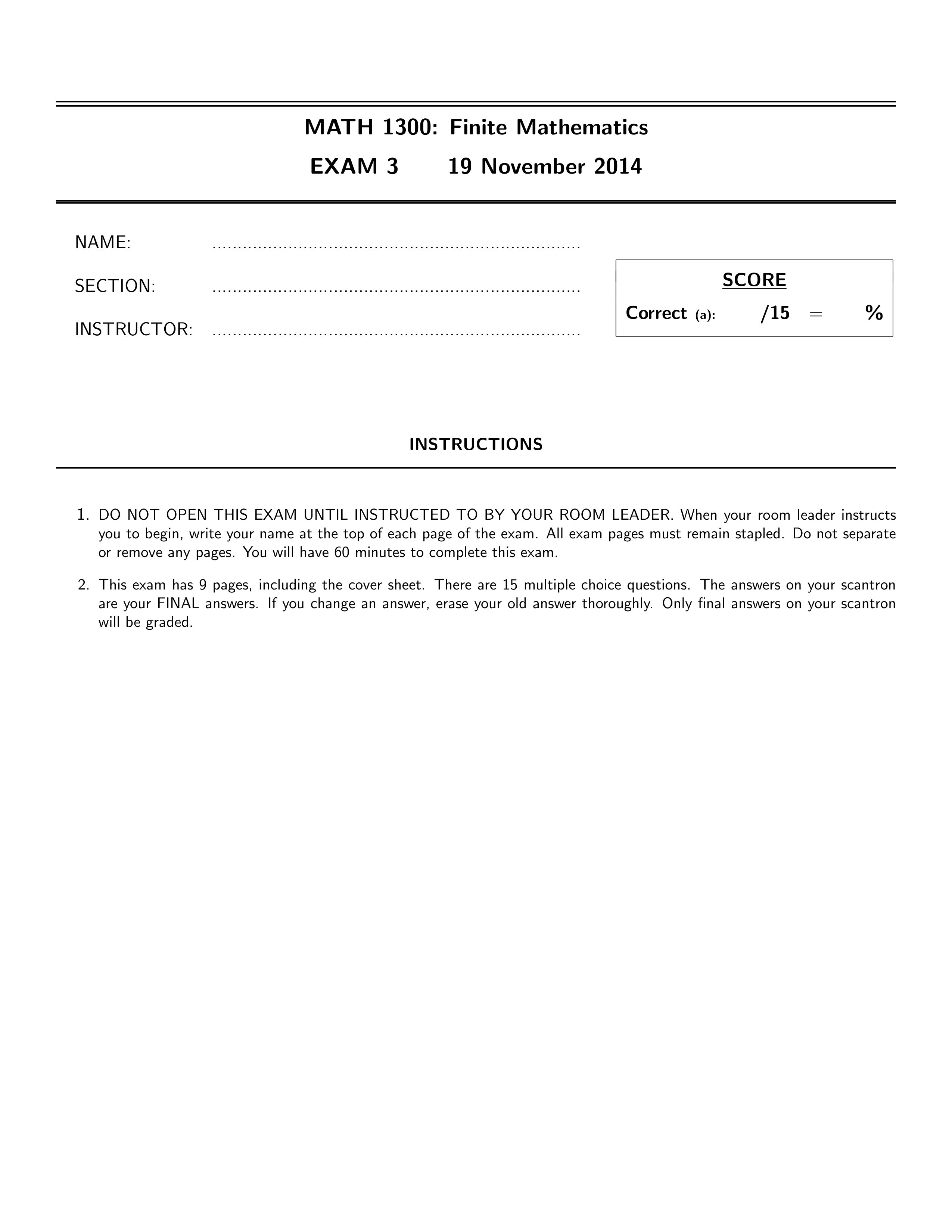 MATH 1300: Finite Mathematics EXAM 3 19 November 2014_dkeggv1xf4v_page1