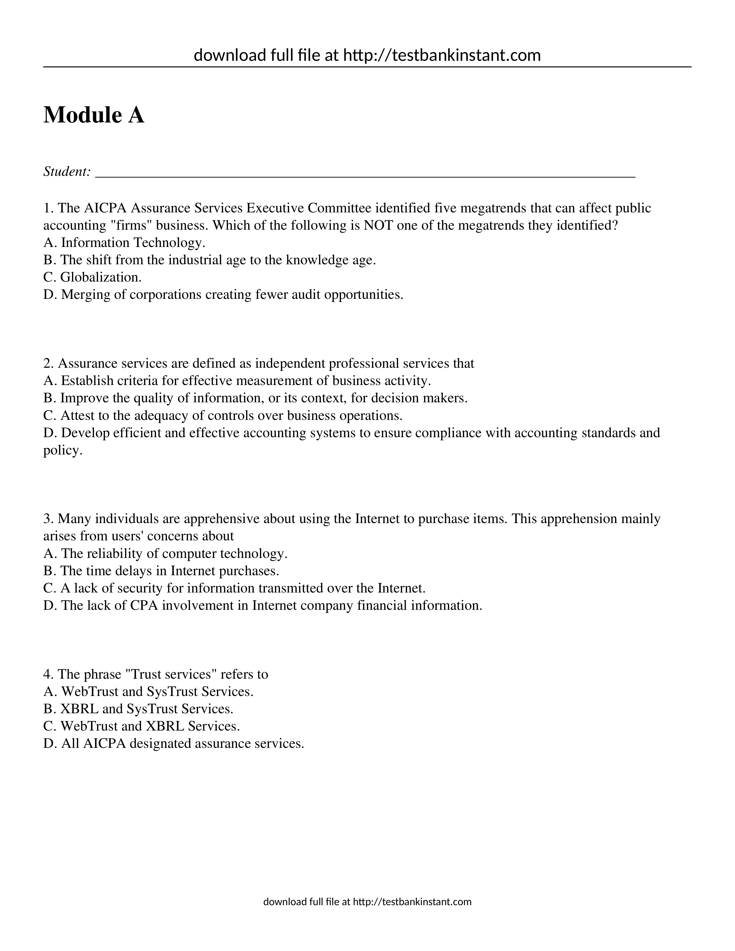 Test Bank for Auditing and Assurance Services, 4th Edition Timothy Louwers_dl8eavncbbl_page1