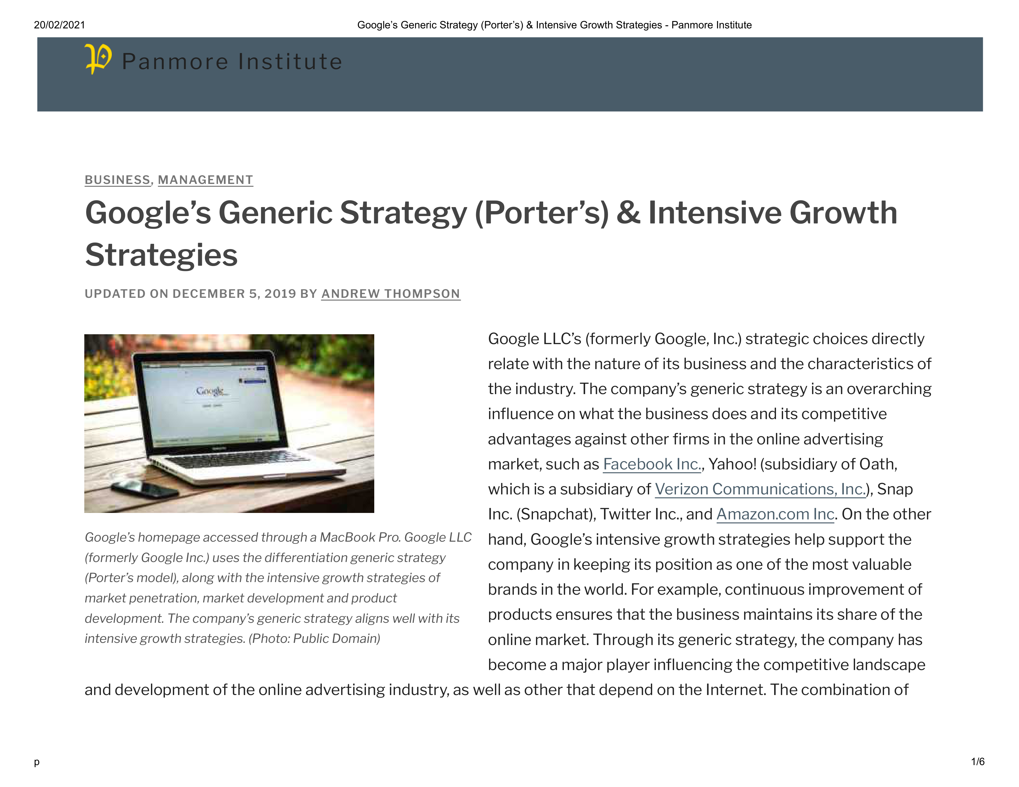 Google's Generic Strategy (Porter's) & Intensive Growth Strategies - Panmore Institute.pdf_dm8enelg7sd_page1