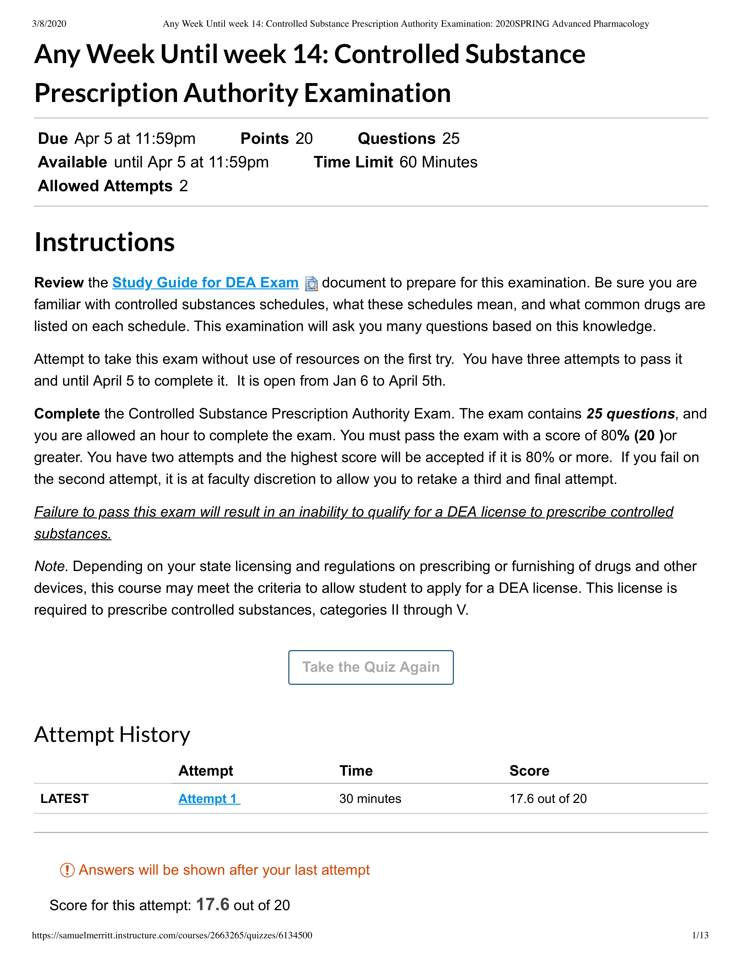 Any Week Until week 14_ Controlled Substance Prescription Authority Examination_ 2020SPRING Advanced_dmi7jbkgocf_page1