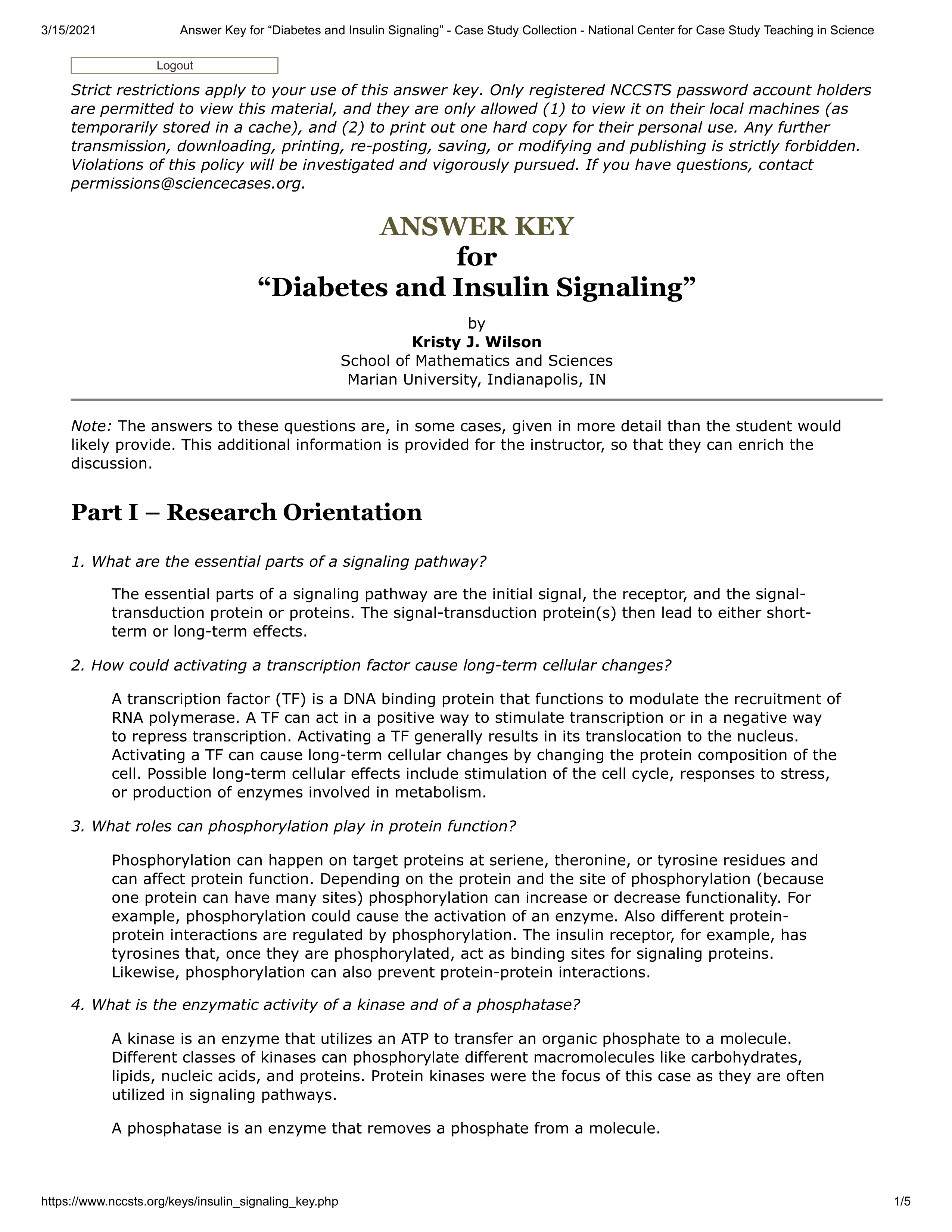 Answer Key for "Diabetes and Insulin Signaling" - Case Study Collection - National Center for Case S_dnplwjtmbgx_page1