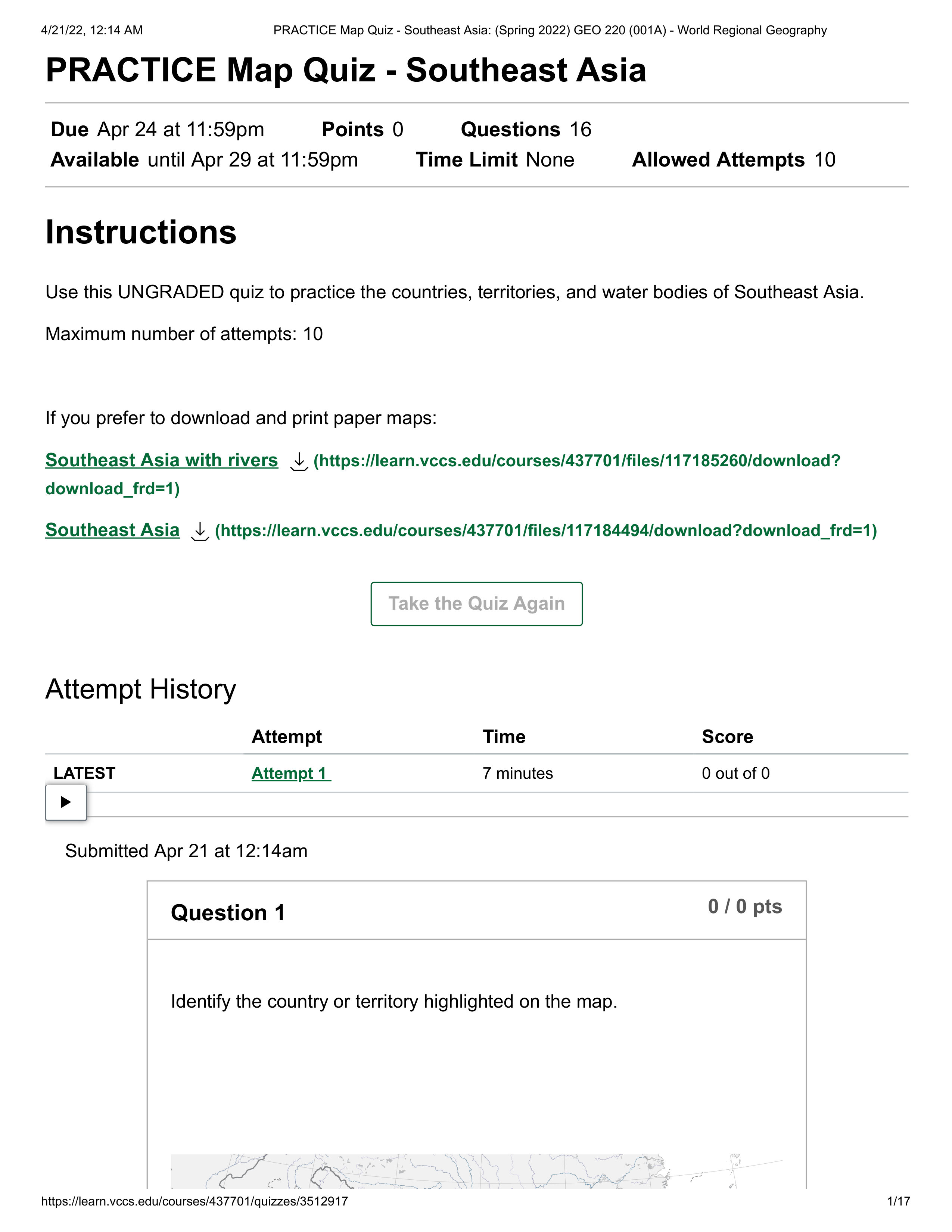 PRACTICE Map Quiz - Southeast Asia_ (Spring 2022) GEO 220 (001A) - World Regional Geography.pdf_dntutphlvbz_page1