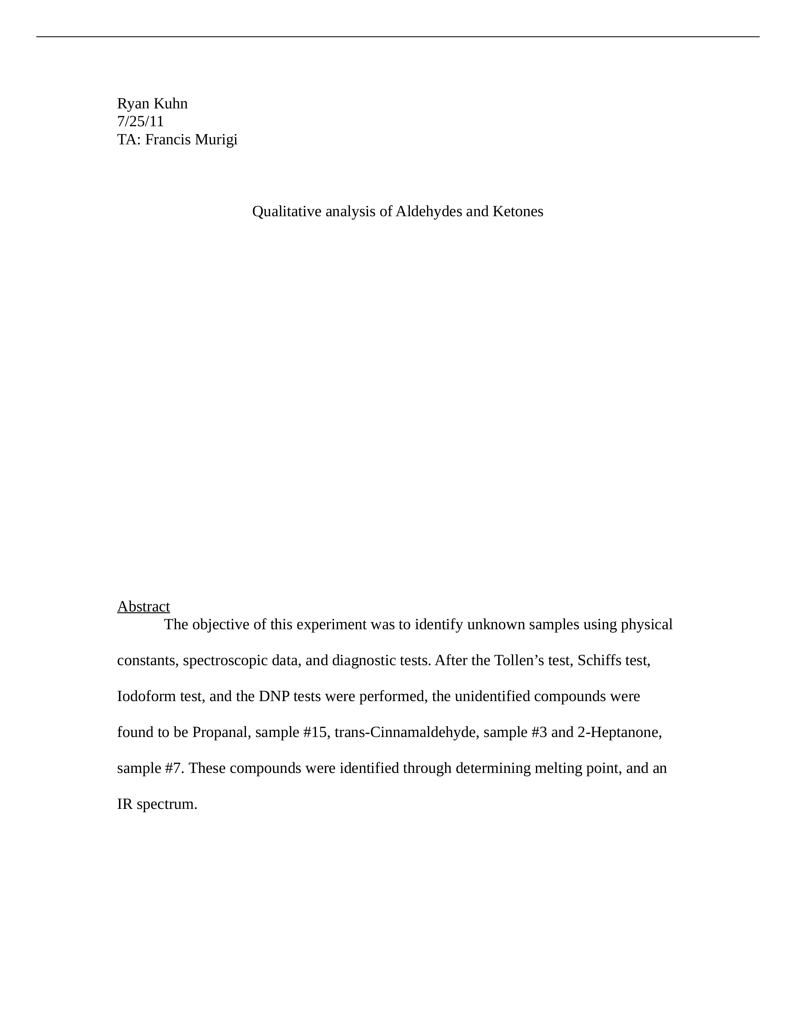 Qualitative analysis of Aldehydes and Ketones Lab Report OChem_dodco3zm48n_page1