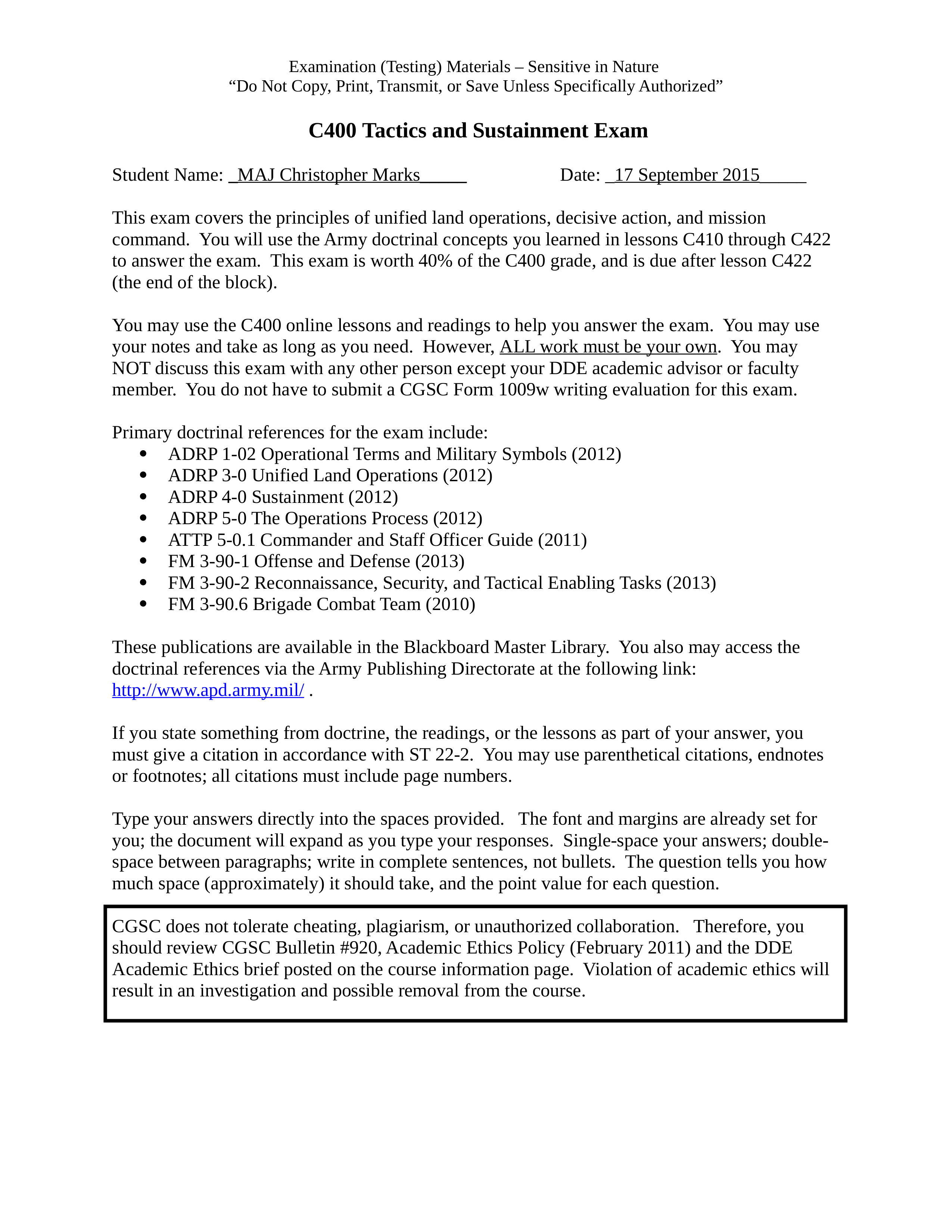 C400 (C422A) Tactics  and Sustainment Exam MAJ Christopher Marks (Revision).docx_dpqy9f593wl_page1