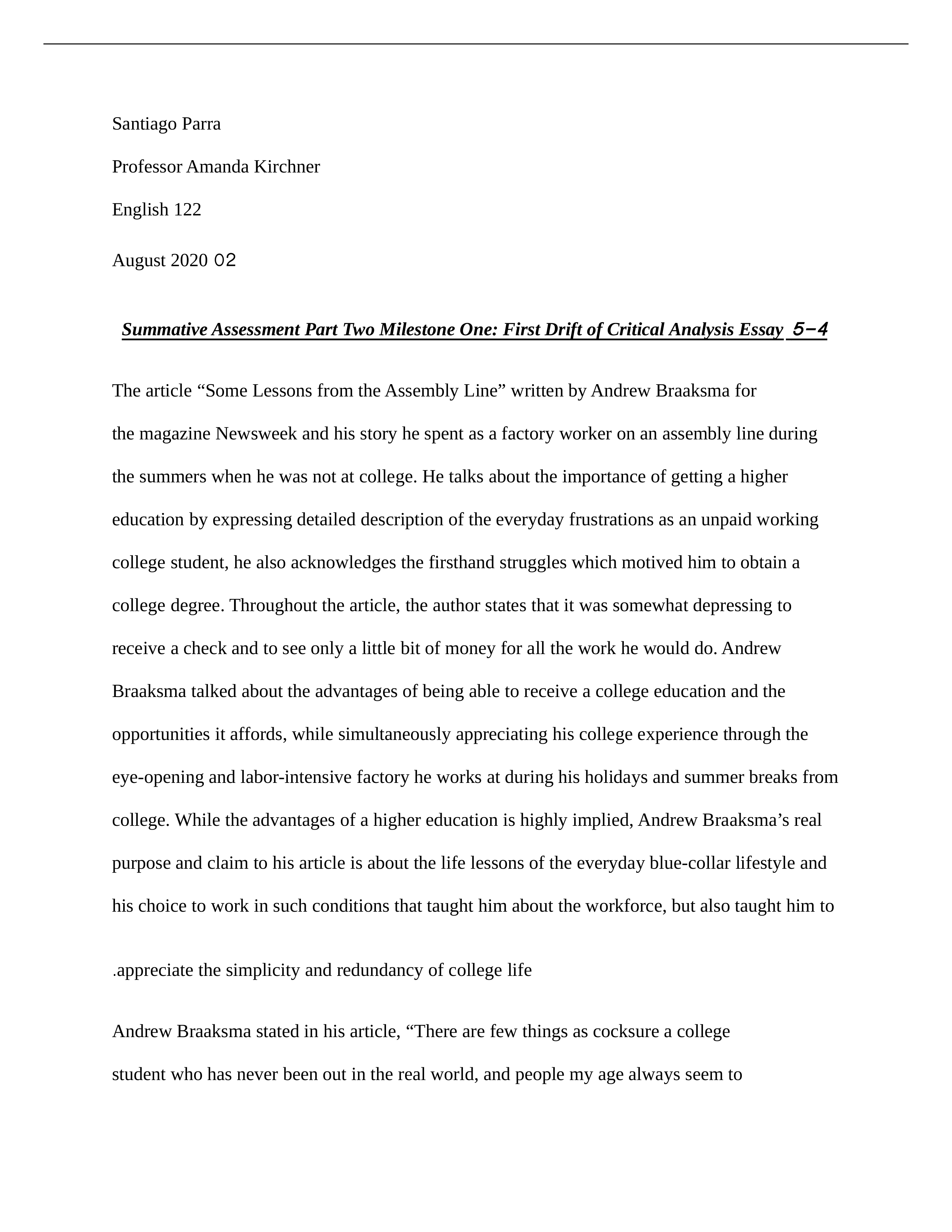 5-4 Summative Assessment Part Two Milestone One-First Draft of Critical Analysis Essay.docx_dt4c01bzp1m_page1