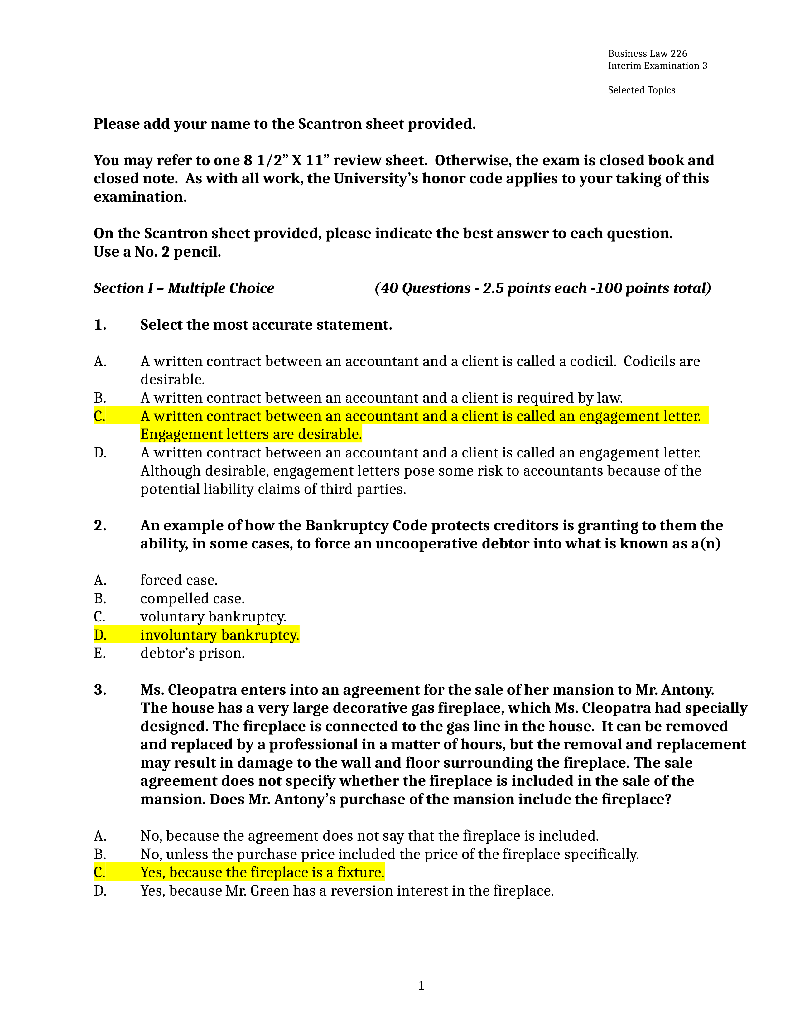 Business Law 226 - Interim Exam 3 -Selected Topics - Fall 2017 - Answer Key.doc_duap5lro68x_page1