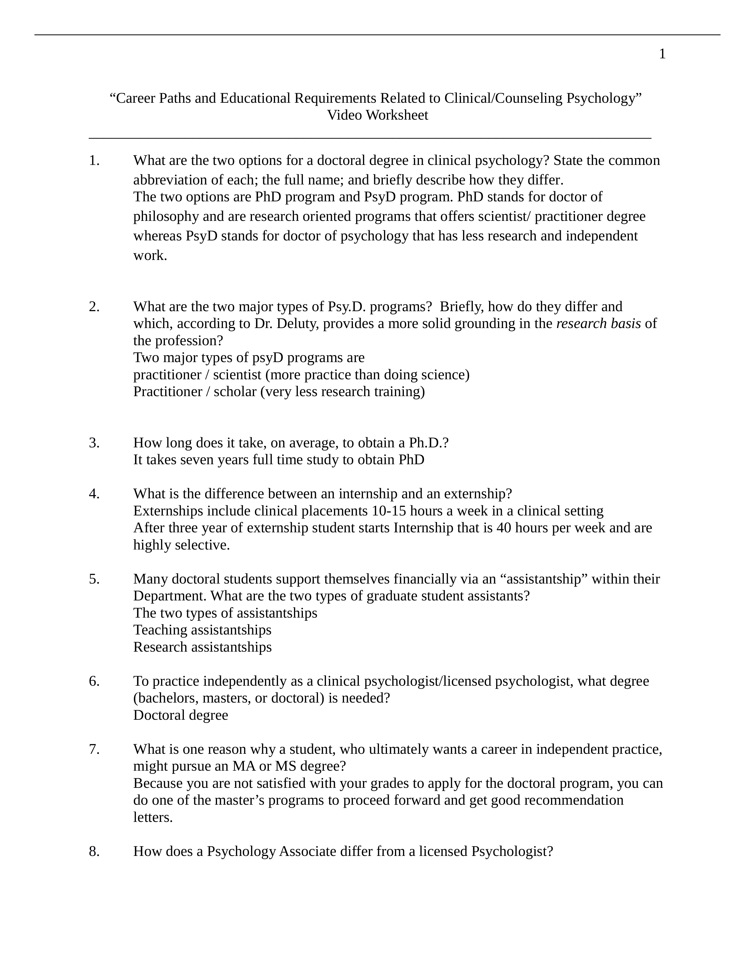 Career Paths and Educational Requirements Related to Clincal Counseling Psychology Video Worksheet(1_duwtor25979_page1