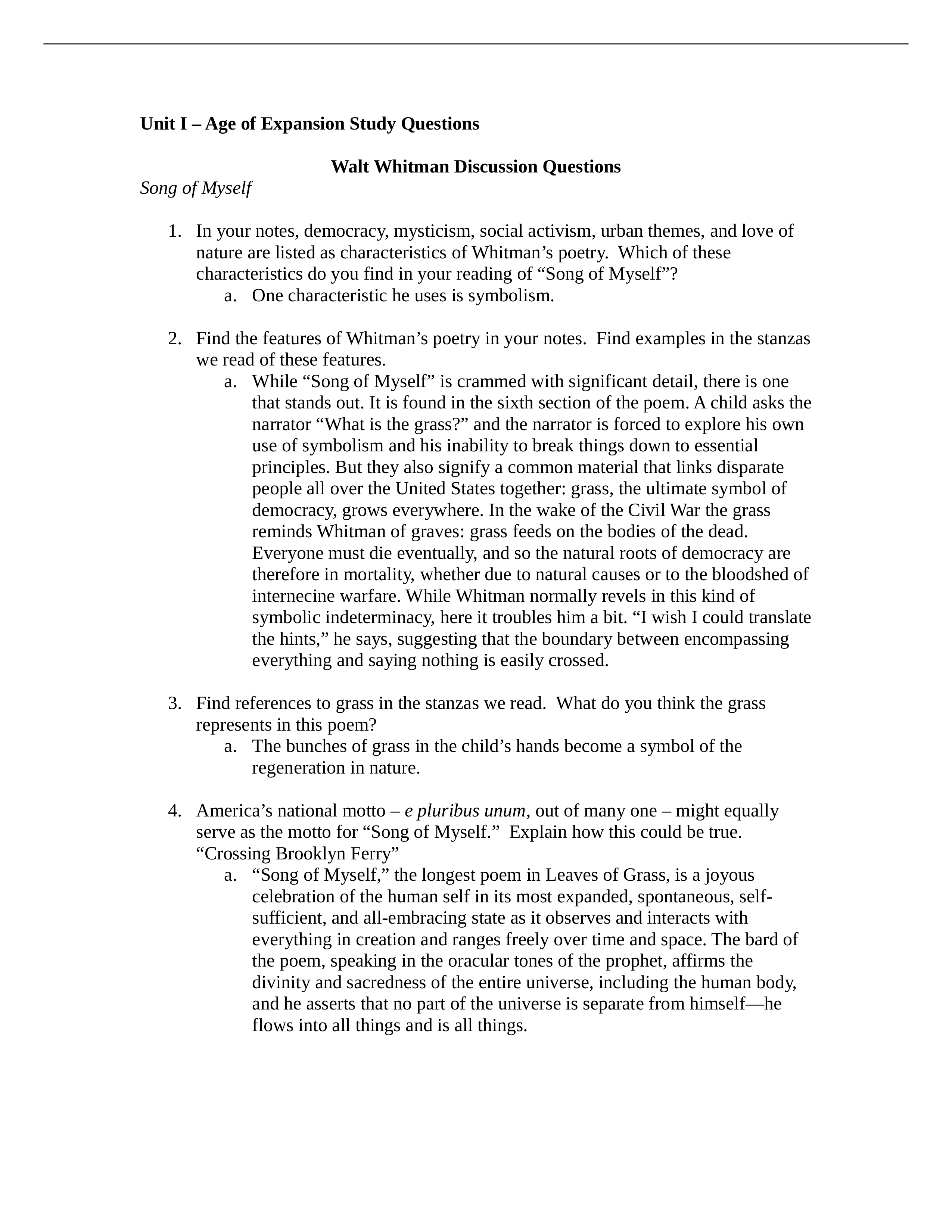 Unit I Age of Expansion Study Questions
Walt Whitman Discussion Questi_dv34n225tq8_page1