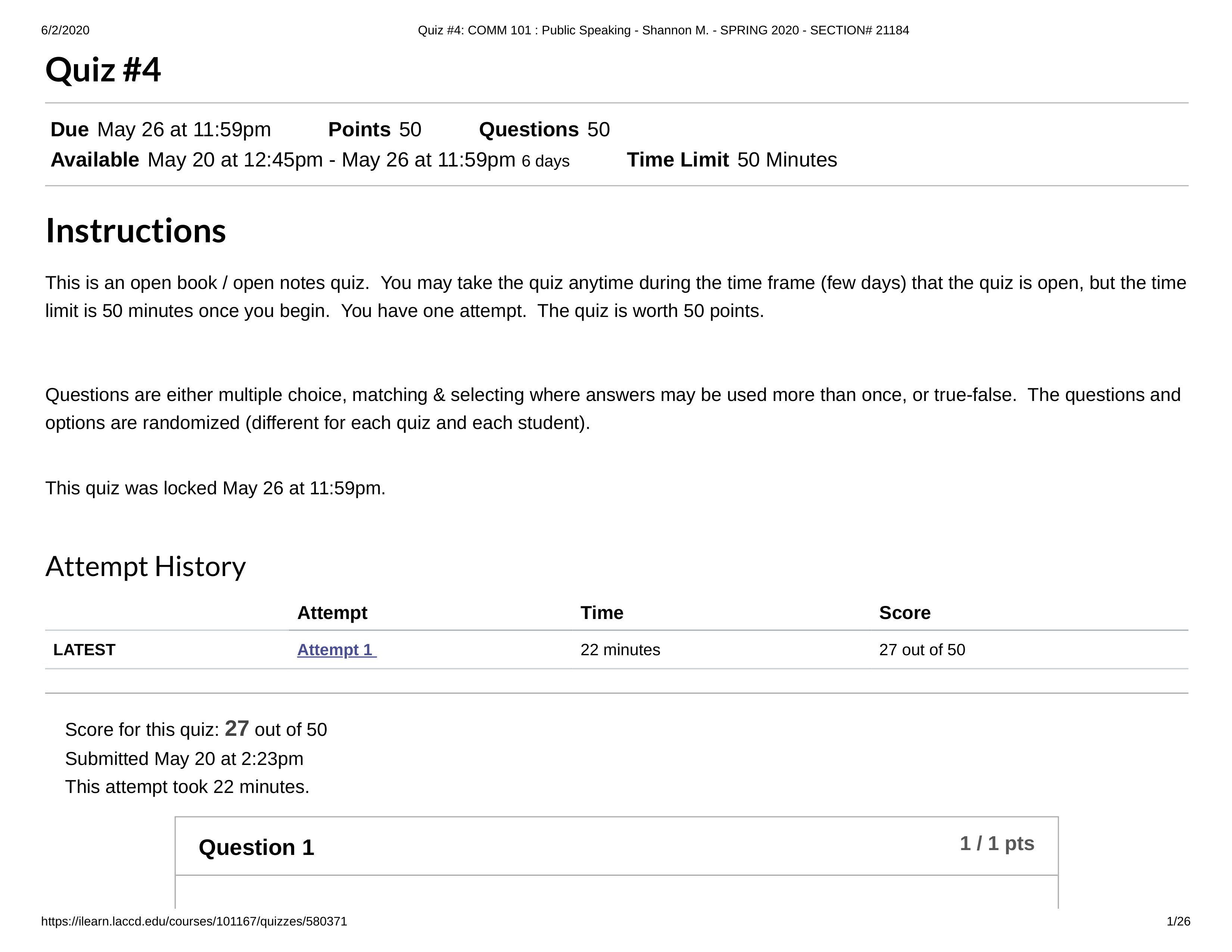 Kami Export - Quiz #4_ COMM 101 _ Public Speaking - Shannon M. - SPRING 2020 - SECTION# 21184.pdf_dv8ffnu04e4_page1