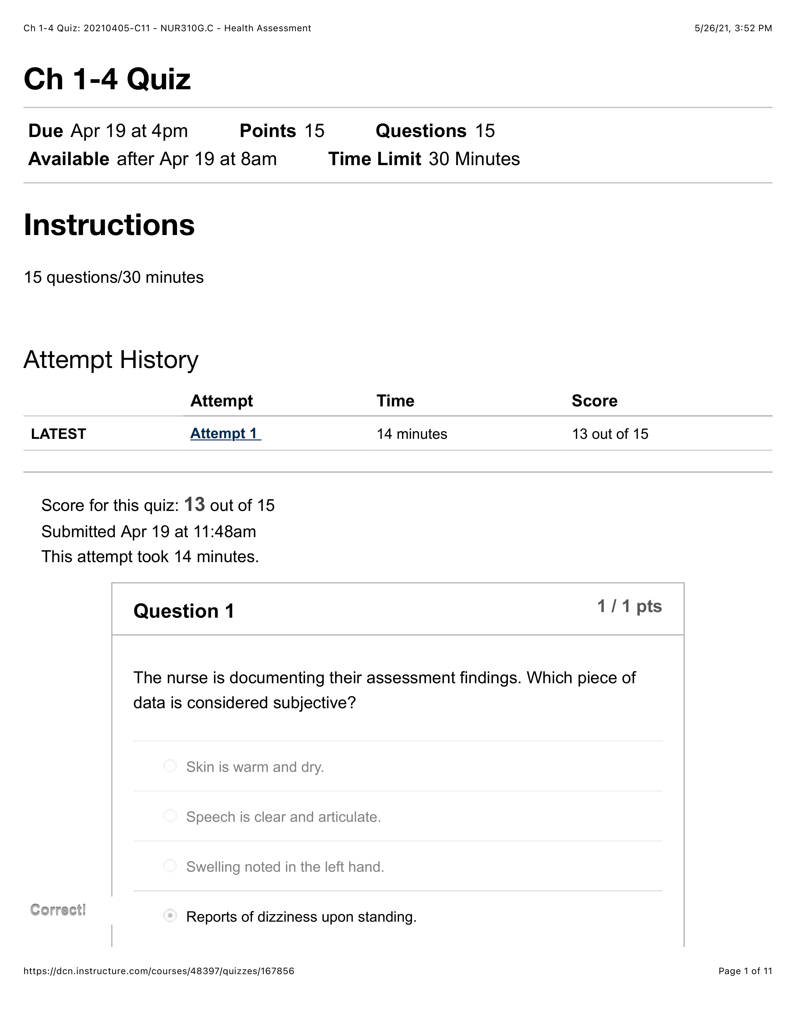 Ch 1-4 Quiz: 20210405-C11 - NUR310G.C - Health Assessment.pdf_dwkgxkp9wce_page1