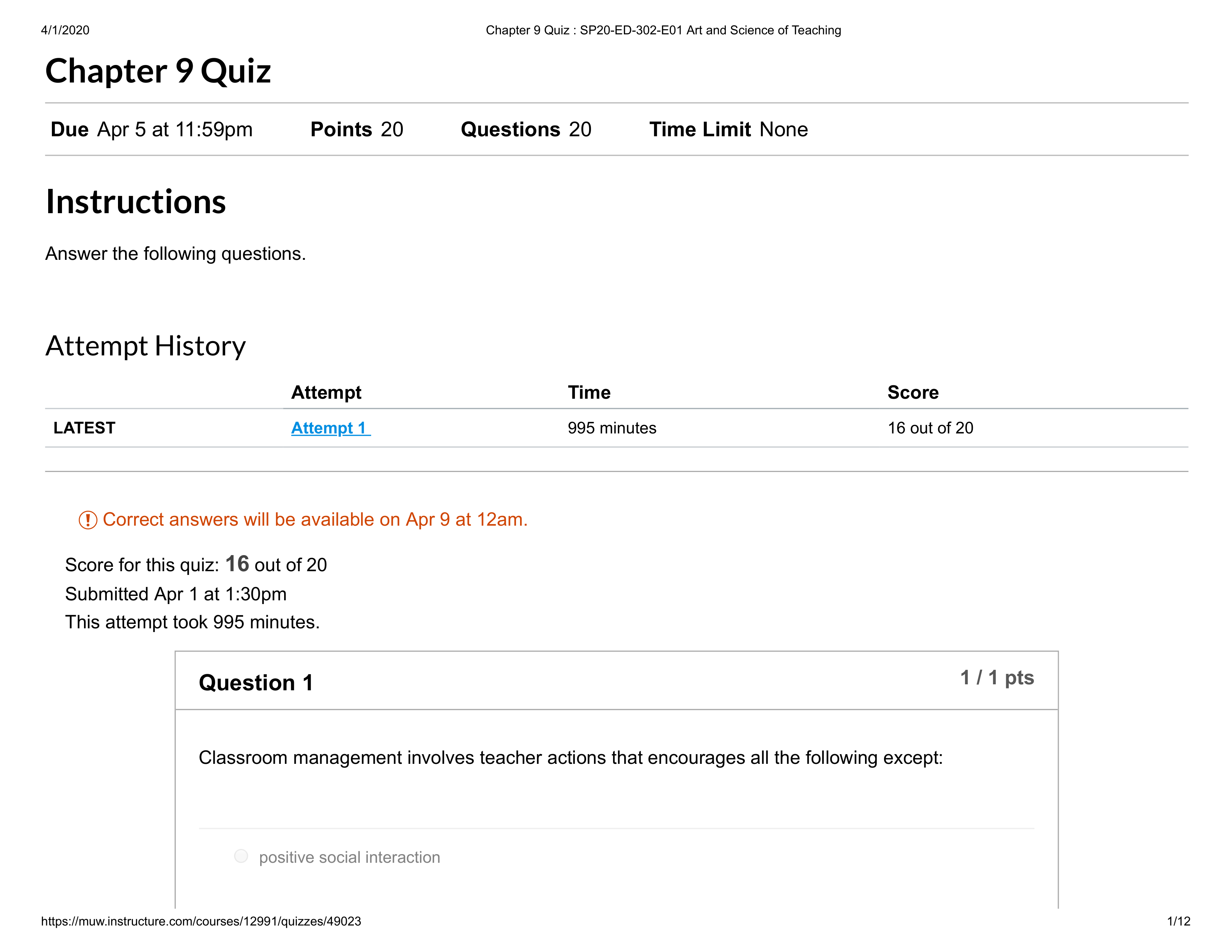 Chapter 9 Quiz _ SP20-ED-302-E01 Art and Science of Teaching.pdf_dxddntduvr5_page1