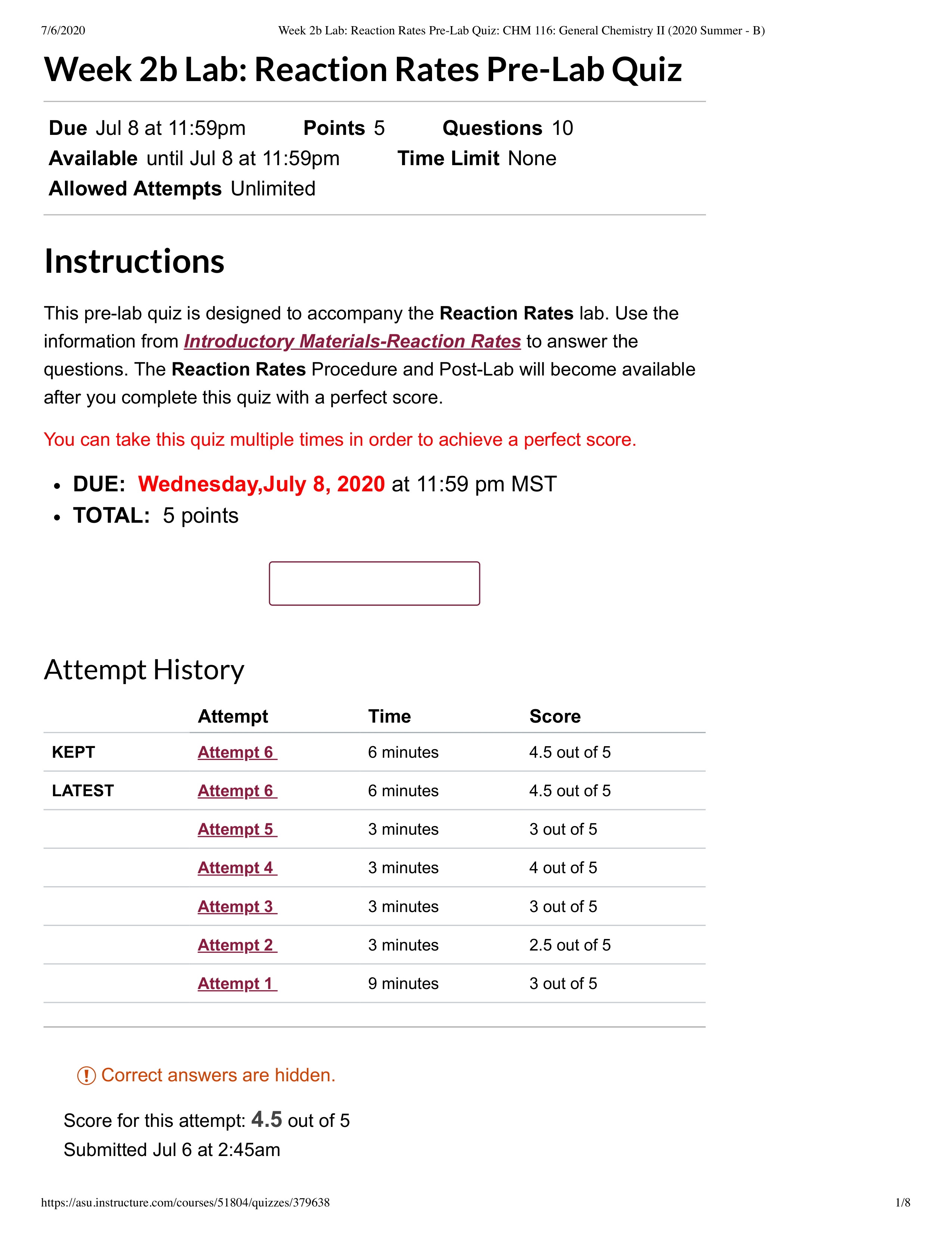 6Week 2b Lab_ Reaction Rates Pre-Lab Quiz_ CHM 116_ General Chemistry II (2020 Summer - B).pdf_dywje6pvh73_page1