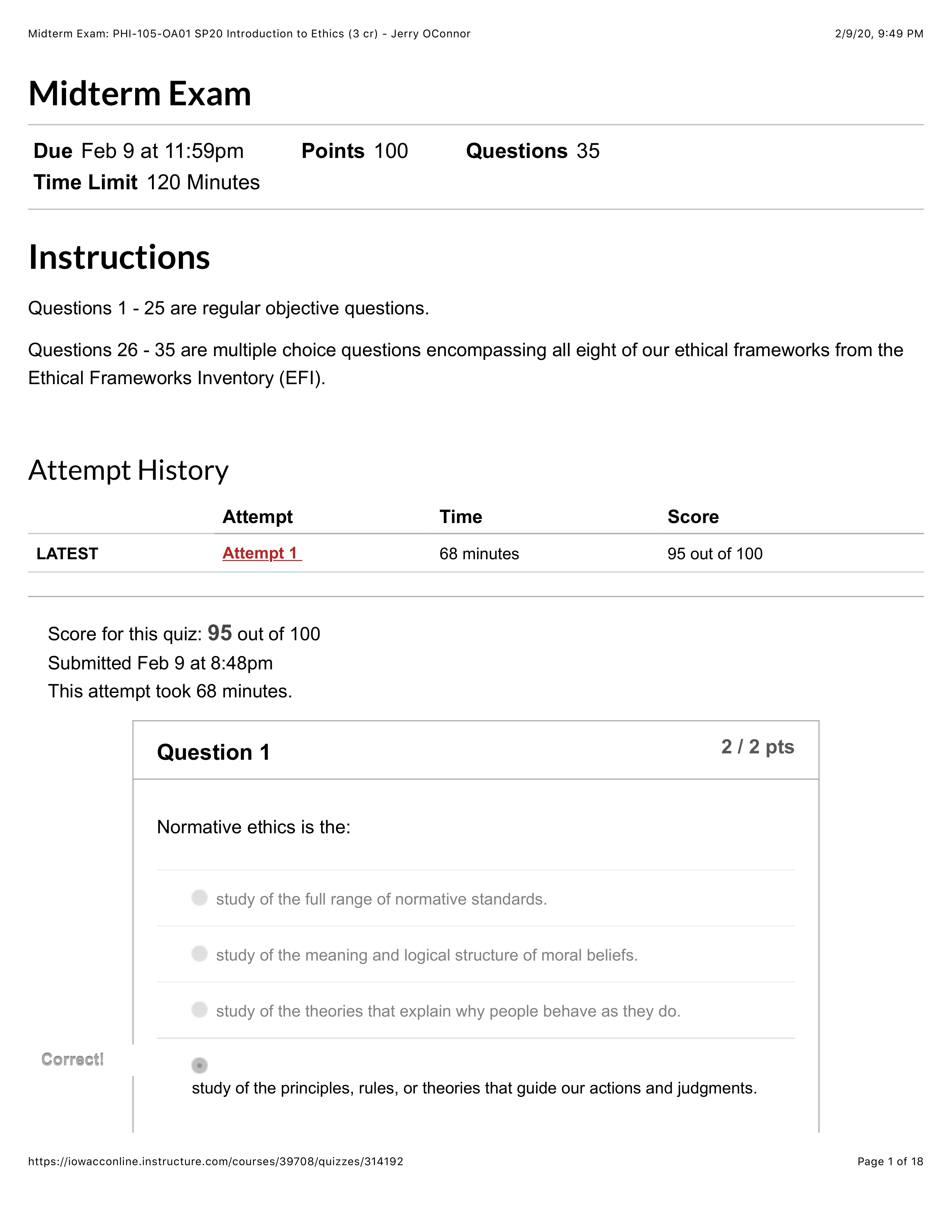 Midterm Exam: PHI-105-OA01 SP20 Introduction to Ethics (3 cr) - Jerry OConnor.pdf_dz6y7uiwlju_page1