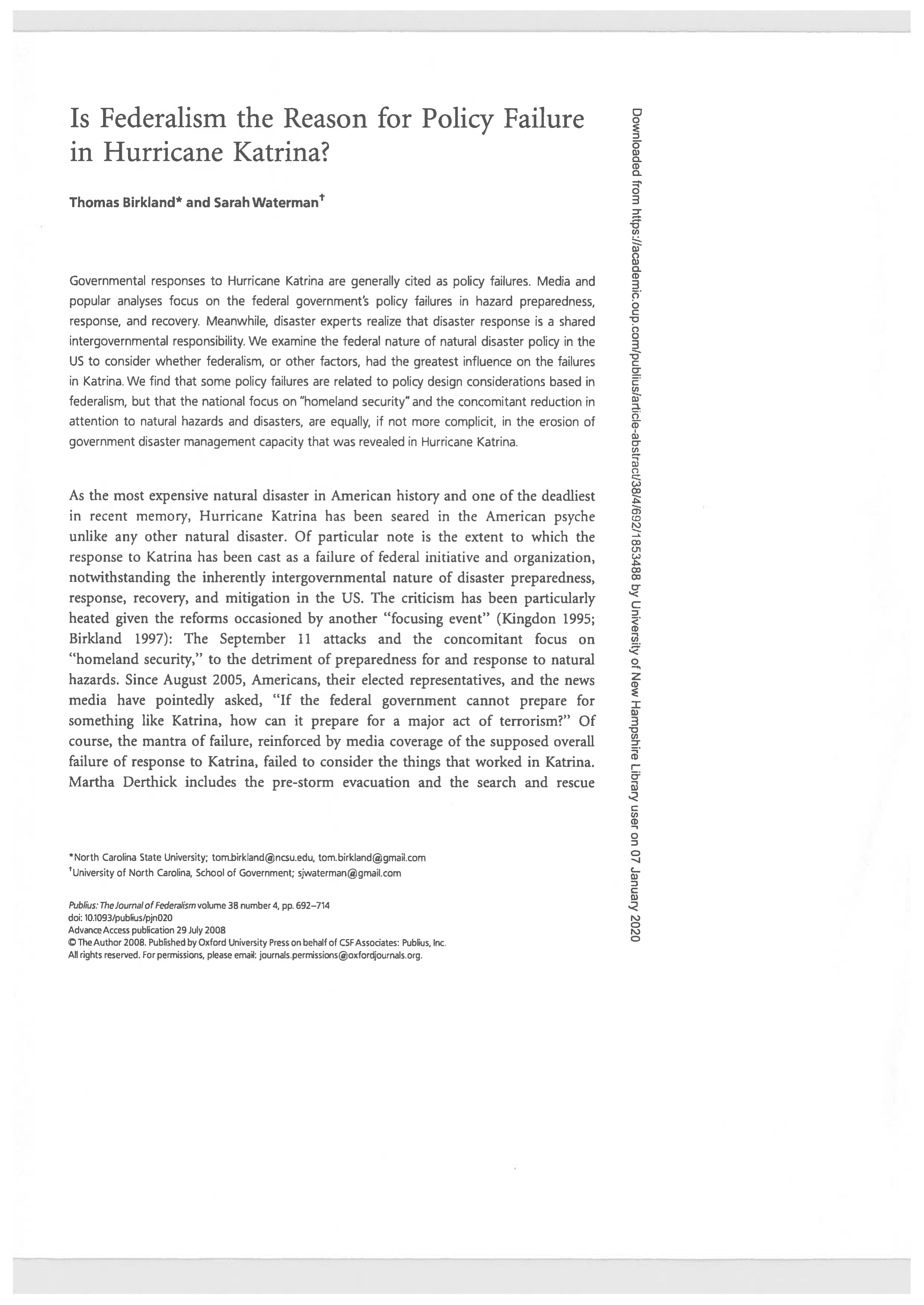 birkland-waterman- is federalism the reason for policy failure in hurricane katrina (2).pdf_dzvilgwwb8o_page1