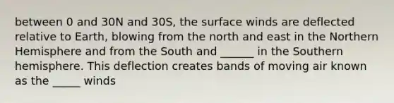 between 0 and 30N and 30S, the surface winds are deflected relative to Earth, blowing from the north and east in the Northern Hemisphere and from the South and ______ in the Southern hemisphere. This deflection creates bands of moving air known as the _____ winds