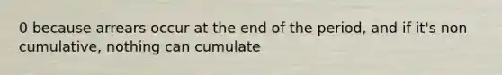 0 because arrears occur at the end of the period, and if it's non cumulative, nothing can cumulate