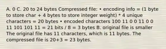 A. 0 C. 20 to 24 bytes Compressed file: • encoding info = (1 byte to store char + 4 bytes to store integer weight) * 4 unique characters = 20 bytes • encoded characters 100 11 0 0 11 0 0 11 101 101 11 = 21 bits / 8 = 3 bytes B. original file is smaller The original file has 11 characters, which is 11 bytes. The compressed file is 20+3 = 23 bytes.