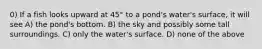 0) If a fish looks upward at 45° to a pond's water's surface, it will see A) the pond's bottom. B) the sky and possibly some tall surroundings. C) only the water's surface. D) none of the above