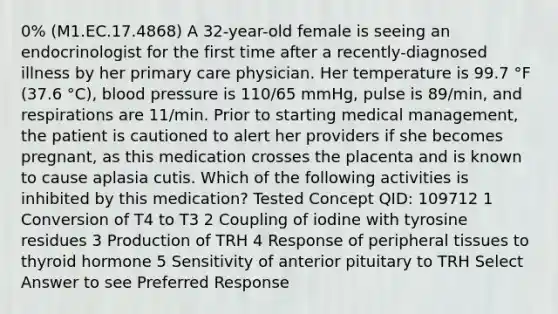 0% (M1.EC.17.4868) A 32-year-old female is seeing an endocrinologist for the first time after a recently-diagnosed illness by her primary care physician. Her temperature is 99.7 °F (37.6 °C), blood pressure is 110/65 mmHg, pulse is 89/min, and respirations are 11/min. Prior to starting medical management, the patient is cautioned to alert her providers if she becomes pregnant, as this medication crosses the placenta and is known to cause aplasia cutis. Which of the following activities is inhibited by this medication? Tested Concept QID: 109712 1 Conversion of T4 to T3 2 Coupling of iodine with tyrosine residues 3 Production of TRH 4 Response of peripheral tissues to thyroid hormone 5 Sensitivity of anterior pituitary to TRH Select Answer to see Preferred Response