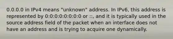 0.0.0.0 in IPv4 means "unknown" address. In IPv6, this address is represented by 0:0:0:0:0:0:0:0 or ::, and it is typically used in the source address field of the packet when an interface does not have an address and is trying to acquire one dynamically.