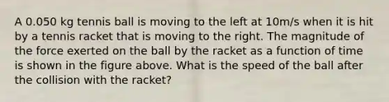 A 0.050 kg tennis ball is moving to the left at 10m/s when it is hit by a tennis racket that is moving to the right. The magnitude of the force exerted on the ball by the racket as a function of time is shown in the figure above. What is the speed of the ball after the collision with the racket?