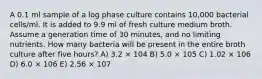 A 0.1 ml sample of a log phase culture contains 10,000 bacterial cells/ml. It is added to 9.9 ml of fresh culture medium broth. Assume a generation time of 30 minutes, and no limiting nutrients. How many bacteria will be present in the entire broth culture after five hours? A) 3.2 × 104 B) 5.0 × 105 C) 1.02 × 106 D) 6.0 × 106 E) 2.56 × 107