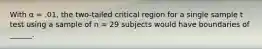 With α = .01, the two-tailed critical region for a single sample t test using a sample of n = 29 subjects would have boundaries of ______.