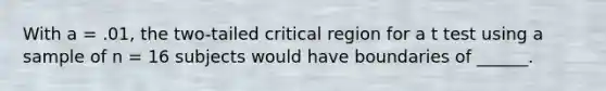 With a = .01, the two-tailed critical region for a t test using a sample of n = 16 subjects would have boundaries of ______.