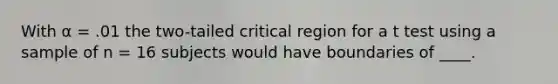 With α = .01 the two-tailed critical region for a t test using a sample of n = 16 subjects would have boundaries of ____.