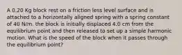 A 0.20 Kg block rest on a friction less level surface and is attached to a horizontally aligned spring with a spring constant of 40 N/m. the block is initially displaced 4.0 cm from the equilibrium point and then released to set up a simple harmonic motion. What is the speed of the block when it passes through the equilibrium point?