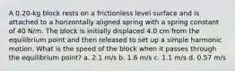 A 0.20-kg block rests on a frictionless level surface and is attached to a horizontally aligned spring with a spring constant of 40 N/m. The block is initially displaced 4.0 cm from the equilibrium point and then released to set up a simple harmonic motion. What is the speed of the block when it passes through the equilibrium point? a. 2.1 m/s b. 1.6 m/s c. 1.1 m/s d. 0.57 m/s