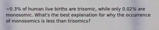 ~0.3% of human live births are trisomic, while only 0.02% are monosomic. What's the best explanation for why the occurrence of monosomics is less than trisomics?