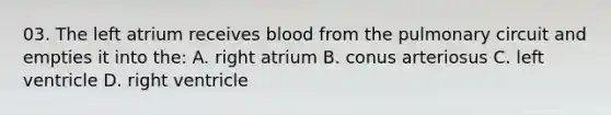 03. The left atrium receives blood from the pulmonary circuit and empties it into the: A. right atrium B. conus arteriosus C. left ventricle D. right ventricle