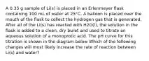 A 0.35 g sample of Li(s) is placed in an Erlenmeyer flask containing 100 mL of water at 25°C. A balloon is placed over the mouth of the flask to collect the hydrogen gas that is generated. After all of the Li(s) has reacted with H2O(l), the solution in the flask is added to a clean, dry buret and used to titrate an aqueous solution of a monoprotic acid. The pH curve for this titration is shown in the diagram below Which of the following changes will most likely increase the rate of reaction between Li(s) and water?