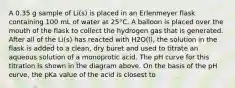 A 0.35 g sample of Li(s) is placed in an Erlenmeyer flask containing 100 mL of water at 25°C. A balloon is placed over the mouth of the flask to collect the hydrogen gas that is generated. After all of the Li(s) has reacted with H2O(l), the solution in the flask is added to a clean, dry buret and used to titrate an aqueous solution of a monoprotic acid. The pH curve for this titration is shown in the diagram above. On the basis of the pH curve, the pKa value of the acid is closest to