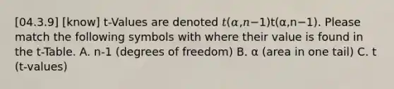 [04.3.9] [know] t-Values are denoted 𝑡(𝛼,𝑛−1)t(α,n−1). Please match the following symbols with where their value is found in the t-Table. A. n-1 (degrees of freedom) B. α (area in one tail) C. t (t-values)