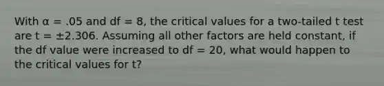 With α = .05 and df = 8, the critical values for a two-tailed t test are t = ±2.306. Assuming all other factors are held constant, if the df value were increased to df = 20, what would happen to the critical values for t?