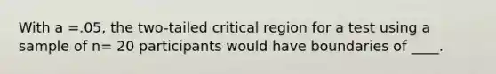 With a =.05, the two-tailed critical region for a test using a sample of n= 20 participants would have boundaries of ____.