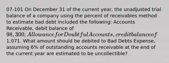 07-101 On December 31 of the current year, the unadjusted trial balance of a company using the percent of receivables method to estimate bad debt included the following: Accounts Receivable, debit balance of 98,300; Allowance for Doubtful Accounts, credit balance of1,071. What amount should be debited to Bad Debts Expense, assuming 6% of outstanding accounts receivable at the end of the current year are estimated to be uncollectible?