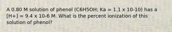 A 0.80 M solution of phenol (C6H5OH; Ka = 1.1 x 10-10) has a [H+] = 9.4 x 10-6 M. What is the percent ionization of this solution of phenol?