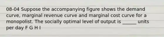 08-04 Suppose the accompanying figure shows the demand curve, marginal revenue curve and marginal cost curve for a monopolist. The socially optimal level of output is ______ units per day F G H I