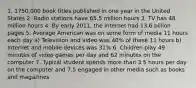 1. 1750,000 book titles published in one year in the United States 2. Radio stations have 65.5 million hours 3. TV has 48 million hours 4. By early 2011, the internet had 13.6 billion pages 5. Average American was on some form of media 11 hours each day a) Television and video was 40% of these 11 hours b) Internet and mobile devices was 31% 6. Children play 49 minutes of video games per day and 62 minutes on the computer 7. Typical student spends more than 3.5 hours per day on the computer and 7.5 engaged in other media such as books and magazines