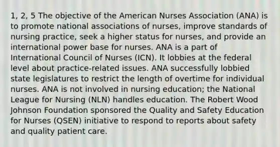 1, 2, 5 The objective of the American Nurses Association (ANA) is to promote national associations of nurses, improve standards of nursing practice, seek a higher status for nurses, and provide an international power base for nurses. ANA is a part of International Council of Nurses (ICN). It lobbies at the federal level about practice-related issues. ANA successfully lobbied state legislatures to restrict the length of overtime for individual nurses. ANA is not involved in nursing education; the National League for Nursing (NLN) handles education. The Robert Wood Johnson Foundation sponsored the Quality and Safety Education for Nurses (QSEN) initiative to respond to reports about safety and quality patient care.