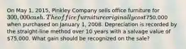 On May 1, 2015, Pinkley Company sells office furniture for 300,000 cash. The office furniture originally cost750,000 when purchased on January 1, 2008. Depreciation is recorded by the straight-line method over 10 years with a salvage value of 75,000. What gain should be recognized on the sale?