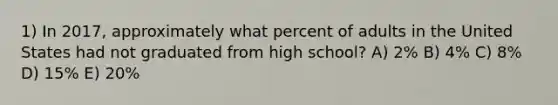 1) In 2017, approximately what percent of adults in the United States had not graduated from high school? A) 2% B) 4% C) 8% D) 15% E) 20%