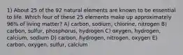 1) About 25 of the 92 natural elements are known to be essential to life. Which four of these 25 elements make up approximately 96% of living matter? A) carbon, sodium, chlorine, nitrogen B) carbon, sulfur, phosphorus, hydrogen C) oxygen, hydrogen, calcium, sodium D) carbon, hydrogen, nitrogen, oxygen E) carbon, oxygen, sulfur, calcium