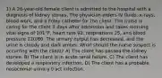 1) A 26-year-old female client is admitted to the hospital with a diagnosis of kidney stones. The physician orders IV fluids, x-rays, blood work, and a Foley catheter for the client. The nurse is caring for the client 3 days after admission and takes morning vital signs of 101°F, heart rate 92, respirations 25, and blood pressure 120/80. The urinary output has decreased, and the urine is cloudy and dark amber. What should the nurse suspect is occurring with the client? A) The client has passed the kidney stones. B) The client is in acute renal failure. C) The client has developed a respiratory infection. D) The client has a probable nosocomial urinary tract infection.